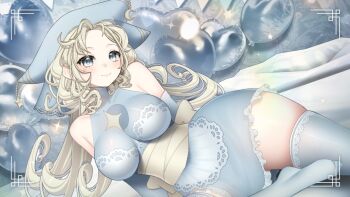 Rule 34 | 1girl, balloon, blonde hair, breasts, closed mouth, collarbone, commentary, crescent, dress, english commentary, grey dress, grey eyes, grey thighhighs, heart balloon, long hair, original, sleeveless, sleeveless dress, solo, star (symbol), thighhighs, yumiyumiworks