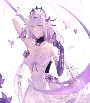 1girl a_r_i_a absurdres arm_up bare_shoulders black_choker bow breasts castorice_(honkai:_star_rail) choker dress flower hair_bow hair_flower hair_ornament highres honkai:_star_rail honkai_(series) medium_breasts pointy_ears purple_bow purple_flower simple_background solo upper_body white_background white_dress white_flower