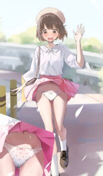 1girl absurdres arm_at_side bag beret black_shoes blush bob_cut bow bow_panties brown_hair cameltoe clothes_lift collared_shirt commission crotch_seam day embarrassed hand_up handbag hat highres loafers long_sleeves looking_down multiple_views navel open_mouth original outdoors panties pantyshot pink_skirt polka_dot polka_dot_panties raised_inner_eyebrows shadow shaka_(user_fmwh2232) shirt shirt_tucked_in shoes short_hair skirt skirt_lift socks sweat underwear variant_set walking waving wavy_mouth white_panties white_shirt white_socks wind wind_lift yellow_hat