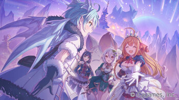 Rule 34 | 4girls, ahoge, breasts, dragon wings, gloves, hand grab, highres, karyl (princess connect!), kokkoro (princess connect!), long hair, mountain, multiple girls, official art, open mouth, outdoors, pecorine (princess connect!), princess connect!, sheffy (princess connect!), shooting star, smile, standing, thighhighs, thighs, white gloves, wings