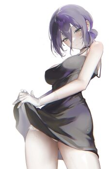 1girl absurdres black_choker black_dress black_hair chainsaw_man choker clothes_lift dress dress_lift gloves green_eyes hair_between_eyes hair_bun highres lifting_own_clothes long_hair_between_eyes panties purple_hair reze_(chainsaw_man) simple_background sleeveless sleeveless_dress solo underwear white_background white_gloves white_panties zuzu_(wckd7545)