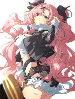 1girl ama_rei arm_up ass black_ribbon black_shorts blurry blurry_foreground blush breasts cleavage closed_mouth clothing_cutout commentary_request cowboy_shot cutoffs earrings from_side fur-trimmed_shorts fur_trim green_eyes hair_ornament hairclip heart heart_earrings heart_necklace highres jewelry large_breasts long_hair looking_at_viewer micro_shorts mole mole_under_eye necklace nicole_demara pink_hair ribbon shorts shoulder_cutout simple_background smile solo strapless tube_top two_side_up white_background white_tube_top zenless_zone_zero