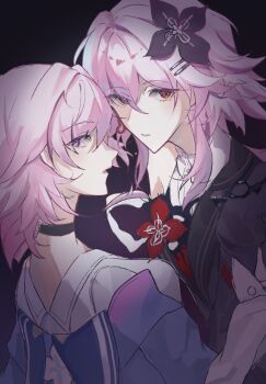 Rule 34 | 2girls, a1104rinn, breasts, choker, dress, earrings, evernight (honkai: star rail), flower, hair ornament, hairclip, hashtag-only commentary, highres, honkai: star rail, honkai (series), jewelry, layered dress, long sleeves, looking at viewer, march 7th (honkai: star rail), march 7th (preservation) (honkai: star rail), medium breasts, medium hair, multicolored eyes, multiple girls, off shoulder, parted lips, pink hair, red eyes, sailor collar, shirt, single earring, two-tone eyes