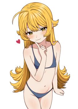1girl absurdres ahoge bakemonogatari bikini blonde_hair female_focus flat_chest highres legs loli long_hair looking_at_viewer mesugaki micro_bikini monogatari_(series) navel neko_(rzdp7228) oshino_shinobu simple_background smile solo standing stomach swimsuit thighs white_background yellow_eyes