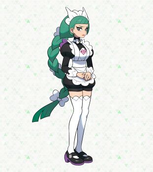 1girl apron black_romper blunt_bangs bow bowtie braid braided_ponytail breasts brown_eyes closed_mouth commentary_request full_body green_hair highres juliet_sleeves lebanne_(pokemon) long_braid long_hair long_sleeves looking_at_viewer maid maid_apron maid_headdress mega_stone nintendo official_art pokemon pokemon_legends:_z-a puffy_sleeves romper shoes solo thighhighs thighs tsurime white_bow white_bowtie white_thighhighs
