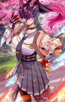 1girl andoryu_anzuru black_and_red_and_purple_hair gloves holding_face_mask kitsune_marks kunimitsu_ii namco necktie ninja ponytail purple_eyes school_uniform solo tekken tekken_8