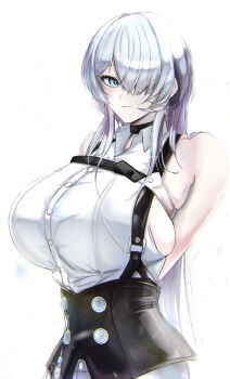 1girl arms_behind_back backless_shirt bare_shoulders black_choker black_corset blue_eyes breasts brid_(nikke) brid_(silent_track)_(nikke) chest_harness choker closed_mouth collared_shirt commentary_request corset cowboy_shot crossed_bangs earrings floating_earrings goddess_of_victory:_nikke grey_hair hair_between_eyes hair_down hair_over_one_eye harness highres jewelry large_breasts long_hair looking_at_viewer motoharii2000 official_alternate_costume official_alternate_hairstyle pants shirt sideboob sideless_shirt sidelocks simple_background skindentation sleeveless sleeveless_shirt smile solo standing white_background white_pants white_shirt