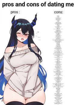 1girl absurdres alternate_costume asymmetrical_horns black_hair blue_hair blush bottomless breasts colored_inner_hair commentary demon_horns english_commentary english_text highres hololive hololive_english horns large_breasts long_hair long_sleeves looking_at_viewer meeko_illus meme mole mole_under_eye multicolored_hair naked_shirt nerissa_ravencroft off-shoulder_sweater off_shoulder red_eyes shirt sweater thick_thighs thighs two-tone_hair uneven_horns very_long_hair virtual_youtuber white_shirt white_sweater wide_hips