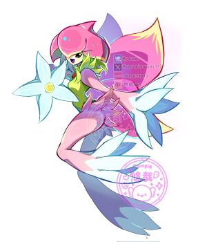 Rule 34 | 1girl, digimon, digimon (creature), green hair, green leotard, highres, leotard, lilamon, medium hair, sample watermark, simple background, solo, twitter username, watermark, white background, youzaiyouzai112