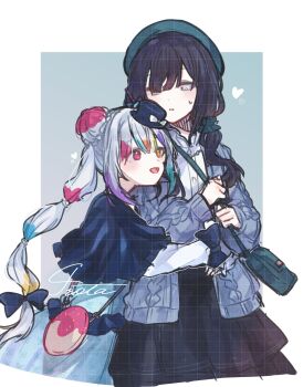 2girls airota alternate_costume artist_name bag black_hair black_skirt blue_capelet blue_cardigan blue_dress bow capelet cardigan commentary_request dress green_hat grey_eyes hat heart heterochromia highres jogasaki_noah kurobe_nanoka long_hair long_skirt long_sleeves mahou_shoujo_no_majo_saiban mini_hat mini_top_hat multi-tied_hair multicolored_hair multiple_girls open_cardigan open_clothes open_mouth red_eyes ribbon shirt shoulder_bag signature simple_background skirt smile streaked_hair top_hat twintails white_hair white_shirt yellow_eyes yuri