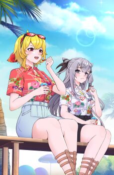 Rule 34 | absurdres, black shorts, blue shorts, blush, cloud, commentary, cone hair bun, eating, english commentary, eyewear on head, food, gladiator sandals, grey eyes, grey hair, hair bun, hair ornament, hairband, highres, hololive, hololive indonesia, ice cream, ichiyaichimaru, kaela kovalskia, print shirt, red-tinted eyewear, red eyes, red hairband, sandals, shirt, short hair, shorts, sitting, summer, tinted eyewear, vestia zeta, virtual youtuber