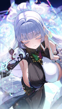 1girl bead_bracelet beads bracelet breasts colored_eyelashes goddess_of_victory:_nikke highres jewelry madopen mechanical_arms mole mole_on_breast nayuta_(nikke) sideboob single_mechanical_arm solo split-color_clothes thick_eyelashes white_eyelashes