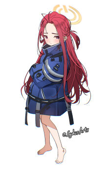 1girl artist_name barefoot blue_archive blue_coat coat cosplay diana_(pragmata) diana_(pragmata)_(cosplay) forehead full_body halo highres long_hair one_side_up orange_halo padded_coat power_symbol pragmata puffy_coat red_hair solo sydus white_background yuzu_(blue_archive)