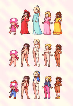 5girls aqua_dress blonde_hair breasts brown_hair capelet completely_nude cosplay crown dark-skinned_female dark_skin donkey_kong donkey_kong_(cosplay) donkey_kong_(series) dress female_pubic_hair geno_(mario) geno_(mario)_(cosplay) highres in-franchise_crossover large_breasts leaning_forward mario_(series) medium_breasts mini_crown multiple_girls naked_necktie necktie nikoto nintendo nipples nude overalls paper_mario paper_mario:_the_thousand-year_door pauline_(mario) pink_dress pink_hair princess_daisy princess_peach pubic_hair rawk_hawk rawk_hawk_(cosplay) rosalina smile super_mario_galaxy super_mario_odyssey super_mario_rpg toadette torn_clothes torn_sleeves vest wario wario_(cosplay) warioware yellow_dress