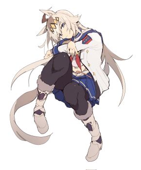 1girl ahoge animal_ears black_leggings blue_eyes blue_sailor_collar boots brooch closed_mouth commentary ear_ornament english_commentary eri_(erikiri) full_body grey_hair grey_tail hair_between_eyes hair_ornament hairband highres horse_ears horse_girl horse_tail jacket jewelry leggings long_hair long_sleeves looking_at_viewer midriff multicolored_hair navel neckerchief oguri_cap_(starlight_beat)_(umamusume) oguri_cap_(umamusume) open_clothes open_jacket pleated_skirt red_neckerchief sailor_collar shirt skirt solo star_brooch tail umamusume white_boots white_jacket white_shirt