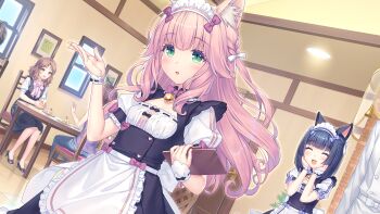 4girls :d animal_ear_fluff animal_ears apron architecture back_bow bell black_bow blue_bow blue_hair blush bow breasts brown_hair buttons cake cake_slice cat_ears cat_girl chair character_name chef closed_eyes cup day dessert door door_handle drinking_glass east_asian_architecture fake_animal_ears fern flat_chest food fraise_(nekopara) fruit game_cg gold_bell green_eyes hair_bow hair_ribbon hands_on_own_face heart heart_button high_heels highres holding indoors logo long_hair maid maid_apron maid_headdress minazuki_shigure multiple_girls name_tag nameplate neck_bell nekopara non-web_source official_art open_mouth people picture_frame pink_bow pink_hair plate ribbon sayori_(neko_works) short_hair sitting slit_pupils small_breasts smile strawberry strawberry_cake table teacup wavy_hair white_bow white_ribbon window wrist_cuffs