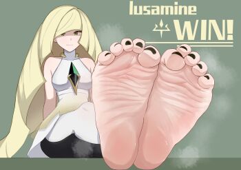 Rule 34 | 1girl, absurdres, barefoot, blonde hair, feet, green eyes, highres, jager, light smile, long hair, looking at viewer, lusamine (pokemon), mature female, pokemon, pokemon sm, soles, steam, toes