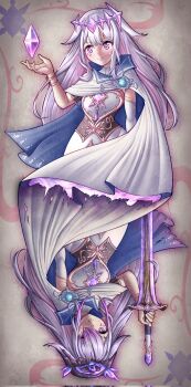1girl black_corset bridal_gauntlets cape chest_jewel circlet cloak corset dress enigmatic_recollection face_jewel floating_gem gem gem_hair_ornament grey_hair highres holding holding_sword holding_weapon holoadvent hololive hololive_english jewel_under_eye koseki_bijou koseki_bijou_(1st_costume) long_hair multicolored_gemstone multicolored_hair pink_hair purple_eyes purple_gemstone purple_hair seapupu single_bridal_gauntlet smile solo sword virtual_youtuber weapon white_bridal_gauntlets white_cape white_cloak