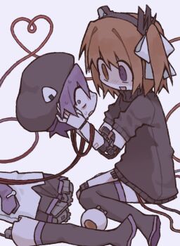 2girls adachi_rei black_sweater blush boots cable crazy_eyes hair_ribbon heart heterochromia looking_at_another mechabare meltypen multiple_girls nervous_sweating orange_hair purple_hair ribbon robot scared sweat sweater thigh_boots utane_uta utau