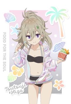 1girl alternate_costume artist_request bikini bikini_under_clothes black_bikini bra breasts character_name closed_mouth collarbone copyright_name cowboy_shot food foot_out_of_frame front-tie_top grey_hair hair_between_eyes hair_ornament hairclip hand_up hashtag-only_commentary hibi_wa_sugiredo_meshi_umashi higa_tsutsuji holding holding_food holding_spoon ice_cream jacket long_hair long_sleeves looking_at_viewer medium_breasts navel open_clothes open_jacket purple_eyes see-through_clothes sidelocks simple_background smile solo spoon standing stomach swimsuit third-party_source underwear