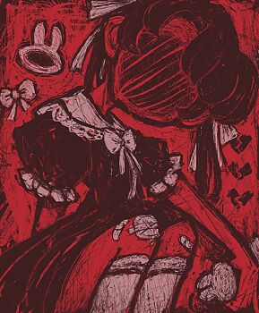 1girl bandaid bandaid_on_knee bandaid_on_leg body_horror bow broken_heart commentary dress english_commentary faceless gauze_on_knee gestart333 heart horror_(theme) kneehighs long_hair lowres original puffy_short_sleeves puffy_sleeves rabbit red_theme short_sleeves socks solo squatting