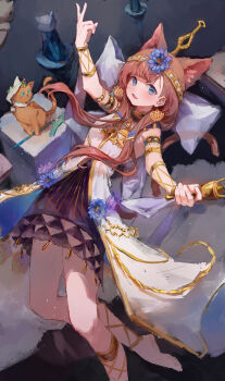 Rule 34 | 1girl, absurdres, animal ear fluff, animal ears, arknights, barefoot, blue eyes, blue flower, blush, bracelet, brown hair, cat, cat ears, cat girl, cat tail, crown, dress, extra ears, fang, flower, gold bracelet, gold crown, hair flower, hair ornament, highres, holding, jewelry, long hair, lying, mumu millhayes, on back, open mouth, papyrus (arknights), pepe (arknights), purple skirt, skin fang, skirt, solo, tail, white dress