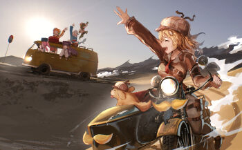 5girls :d ^_^ absurdres adapted_costume advarcher black_gloves blonde_hair brown_hair brown_jacket bubba_(watson_amelia) bus_stop_sign closed_eyes commentary deerstalker dog driving english_commentary facial_hair full_body gawr_gura gawr_gura_(1st_costume) gloves hand_up hat headlamp highres hololive hololive_english holomyth investigator_(watson_amelia) jacket jumping long_sleeves looking_at_another mori_calliope motor_vehicle motorcycle multiple_girls mustache necktie ninomae_ina&#039;nis on_van open_mouth orange_hair outdoors pink_hair purple_hair red_necktie road short_necktie sidecar sitting smile takanashi_kiara tentacle_hair tongue upper_body v van virtual_youtuber volkswagen volkswagen_type_2 waving