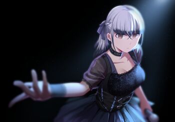 Rule 34 | 1girl, alternate hairstyle, black background, black choker, black dress, black hair, blunt bangs, blurry, blurry foreground, braid, breasts, brown eyes, choker, cleavage, closed mouth, collarbone, colored tips, commentary request, dress, hair ribbon, half up braid, holding, holding microphone, jouhou, light rays, looking at viewer, medium breasts, medium hair, microphone, multicolored hair, reaching, reaching towards viewer, ribbon, satsuki yomi, short sleeves, solo, standing, toji no miko, upper body, white hair