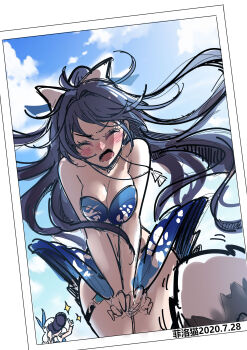 2020 2girls absurdres ahoge artist_name bikini blue_bikini blue_sky blush bow breasts cleavage cloud cloudy_sky dated fei_luo_mao hair_bow highres honkai_(series) honkai_impact_3rd implied_yuri jewelry kiana_kaslana kiana_kaslana_(sunny_beach) large_breasts long_hair md5_mismatch multiple_girls necklace open_mouth outdoors raiden_mei raiden_mei_(vast_ocean) sky swimsuit third-party_edit thumbs_up white_bow white_hair wind wind_lift