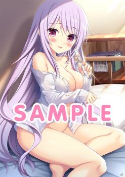 1girl :d arm_under_breasts bare_shoulders barefoot blush book breasts cleavage collarbone curvy dress_shirt eyes_visible_through_hair foot_out_of_frame hair_between_eyes holding holding_pregnancy_test indoors jpeg_artifacts large_breasts long_hair looking_at_viewer naked_shirt official_art on_bed open_clothes open_mouth open_shirt pregnancy_test purple_eyes purple_hair ren&#039;ai_karichaimashita shiny_skin shirt sidelocks sitting smile solo soraji_tsubaki thighs very_long_hair white_shirt yokozuwari yuuki_rika