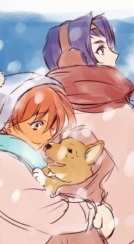 Rule 34 | 2girls, absurdres, animal, coat, cowboy bebop, dark-skinned female, dark skin, dog, earmuffs, edward wong hau pepelu tivrusky iv, ein (cowboy bebop), faye valentine, green eyes, headband, highres, holding, holding animal, holding dog, multiple girls, orange hair, purple hair, scarf, short hair, snow, tagme, tobalin, winter clothes, winter coat, yellow eyes