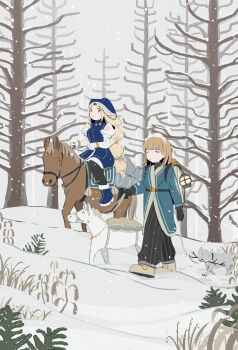 2girls absurdres bare_tree black_gloves blonde_hair blue_boots blue_coat blue_hat boots clip_studio_paint_(medium) coat commentary_request gloves harumaki_gohan hat highres horse long_hair medium_hair multi-tied_hair multiple_girls original outdoors pants pinstripe_pants pinstripe_pattern riding snow tree very_long_hair winter