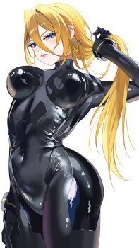 Rule 34 | 1girl, absurdres, alternate color, alternate costume, black bodysuit, blonde hair, blue eyes, blush, bodysuit, breasts, closed mouth, commentary request, covered navel, highres, impossible bodysuit, impossible clothes, large breasts, long hair, looking at viewer, metroid, mole, mole under mouth, nintendo, ponytail, samus aran, simple background, skin tight, solo, super smash bros., white background, yasaikakiage, zero suit