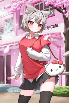 1girl absurdres animal_ears black_skirt black_thighhighs building cat_ears cat_girl center-flap_bangs cherry_blossoms closed_mouth collared_shirt commentary_request contrapposto day double-parted_bangs earrings falling_petals grey_hair hello_kitty hello_kitty_(character) highres jewelry jjalbaaaaa korean_commentary layered_sleeves long_sleeves looking_at_viewer miniskirt multicolored_hair neneko_mashiro outdoors petals pleated_skirt red_sweater sanrio shirt short_hair short_over_long_sleeves short_sleeves skirt smile solo standing stellive streaked_hair sweater thighhighs tree virtual_youtuber white_shirt zettai_ryouiki