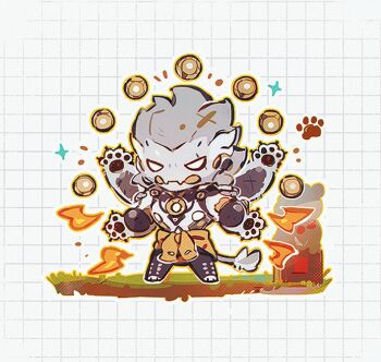 Rule 34 | 1boy, animal hands, artificial eye, banyue (zenless zone zero), checkered background, chibi, chibi only, claws, closed mouth, clothed robot, clothes around waist, extra arms, fire, floating ball, full body, grass, grey background, grey hair, grey tail, humanoid robot, male focus, marusan159, mechanical eye, mechanical hands, mechanical tail, metal skin, orb, paw print, robot, robot boy, solo, standing, tail, white eyes, zenless zone zero