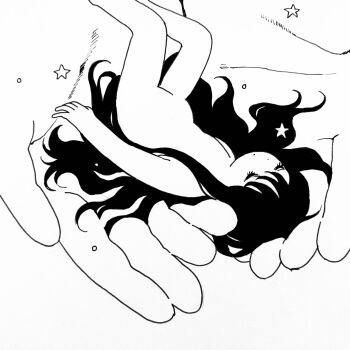 1girl 1other closed_eyes commentary_request completely_nude greyscale highres in_palm kani_no_onsen long_hair mini_person minigirl monochrome nude original simple_background very_long_hair white_background