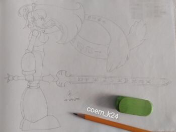 absurdres android angewomon angewomon_(cosplay) antennae armor armored_boots armored_gloves arms_up bikini_armor boots breasts coem_k24 cosplay eraser from_side hair_ribbon hairband hands_on_own_knees headphones highres holding holding_sword holding_weapon hyper_roll_(marvel_vs._capcom) joints knee_boots large_breasts long_hair long_sword looking_at_viewer marvel_vs._capcom mechanical_arms mechanical_boots mechanical_legs mega_man_(classic) mega_man_(series) omegamon omegamon_(cosplay) pencil photoshop_(medium) ponytail radio_antenna ribbon robot robot_girl robot_joints roll_(mega_man) scarf shoulder_armor sidelocks signature simple_background smile sword weapon white_background