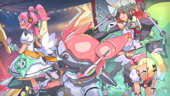 Rule 34 | 4girls, absurdres, angels of delusion, aqua streaks, aria (zenless zone zero), arm warmers, audience, bandaid, bandaid hair ornament, bare shoulders, black hair, bow, clothing cutout, colored inner hair, concert, dress, earrings, fur-trimmed skirt, fur-trimmed sleeves, fur trim, gloves, green bow, green eyes, green hair, green halo, hair ornament, halo, highres, holding, holding weapon, humanoid robot, icedeeda, jewelry, mechanical ears, multicolored hair, multiple girls, multiple hair clips, musical note earrings, nangong yu, navel cutout, necktie, open mouth, pink arm warmers, pink bag, pink gloves, pink hair, puffy short sleeves, puffy sleeves, red eyes, red necktie, robot, robot girl, shirt, short sleeves, short twintails, skirt, smile, stage lights, streaked hair, striped arm warmers, sunna (zenless zone zero), too many bows, twintails, weapon, white dress, white shirt, white wings, winged bag, wings, y2k fashion, zenless zone zero