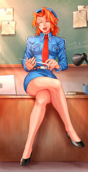 1girl bare_legs belt beret blue_hat breasts brown_belt chalkboard closed_eyes collared_shirt computer crossed_legs dated desk hat highres holding holding_pointer lamp laptop long_sleeves margaret_southwood medium_breasts metal_slug military military_uniform necktie on_desk open_mouth orange_hair paper pencil_skirt pointer red_necktie sasisage shirt short_hair sitting skirt smile solo sunlight