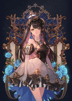 1girl :&lt; absurdres belda34 black_background black_dress black_hair blue_flower blue_gemstone blue_rose braid braided_bangs colored_inner_hair cowboy_shot crown crown_(symbol) dress earrings elbow_gloves floating_earrings flower framed frilled_dress frills gem gloves green_eyes halter_dress halterneck high-low_dress high-low_skirt highres holding holding_key jewelry key light_particles long_hair looking_at_viewer multicolored_hair necklace original oversized_object pink_hair princess puffy_short_sleeves puffy_sleeves rose short_sleeves single_sidelock solo sparkle standing striped_background tilted_headwear two-tone_dress white_dress white_gloves wispy_bangs