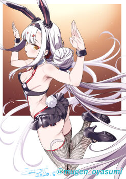 1girl absurdres animal_ears arms_up ass azur_lane black_bow black_bowtie black_shoes black_skirt black_wrist_cuffs bow bowtie breasts commentary_request detached_collar extra_ears fishnet_thighhighs fishnets from_side full_body high_heels highres jumping long_hair microskirt midair official_alternate_costume open_mouth rabbit_ears rabbit_girl shimakaze_(azur_lane) shimakaze_(world's_speediest_bunny_waitress)_(azur_lane) shoes skirt small_breasts solo thighhighs twintails umyonge_(lkakeu) very_long_hair white_hair wrist_cuffs yellow_eyes