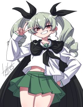 1girl anchovy_(girls_und_panzer) anzio_school_uniform bare_legs breasts brown_eyes closed_mouth drill_hair girls_und_panzer green_hair grin hair_ribbon hand_on_own_hip hanya_(hanya_yashiki) highres long_hair looking_at_viewer navel open_mouth pantyhose ribbon school_uniform shiny_skin simple_background smile solo twin_drills twintails v white_background white_pantyhose wide_hips