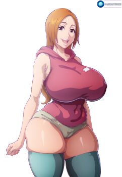 1girl 2025 artist_name bare_shoulders bleach bleach:_sennen_kessen-hen breasts brown_eyes female_focus g-moreartworks highres inoue_orihime large_breasts long_hair open_mouth orange_hair shiny_skin short_pants simple_background skindentation solo solo_focus standing teeth thighhighs thighs tongue upper_teeth_only white_background wide_hips