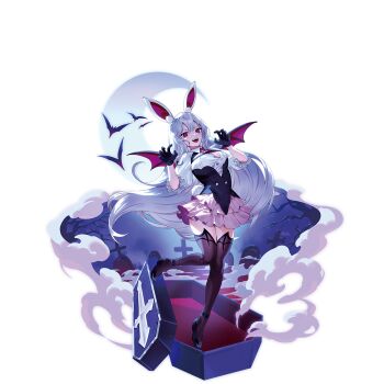 1girl alternate_costume animal_ears bat_(animal) bat_wings black_gloves black_shoes brown_thighhighs claw_pose coffin commentary_request frilled_skirt frills full_body game_cg gloves graveyard halloween highres long_hair looking_at_viewer necktie non-web_source official_art open_mouth pink_skirt purple_hair rabbit_ears rabbit_girl rabbit_tail red_eyes red_necktie reisen_udongein_inaba second-party_source shirt shoes skirt smile solo tail thighhighs tombstone touhou touhou_gensou_eclipse transparent_background u_u_zan vampire_costume very_long_hair white_shirt wings