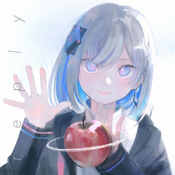 1girl absurdres album_cover apple aqua_pupils black_jacket blue_hair cevio colored_inner_hair cover earrings floating floating_object food fruit fuzuki_fuuro hands_up highres jacket jewelry kamitsubaki_studio levitating_orange_trick looking_at_viewer magic_trick multicolored_eyes multicolored_hair rime_(cevio) short_hair shuriken_hair_ornament single_earring smile solo two-tone_hair upper_body white_hair