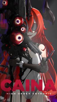 1girl absurdres blindfold caina_(neural_cloud) commentary english_commentary entropic_(neural_cloud) extra_eyes girls'_frontline girls'_frontline_neural_cloud highres horns long_hair object_through_head red_hair sharp_teeth strikeandstalk sword_in_head tagme teeth