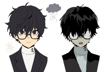 1boy amamiya_ren betti_(xx_betti) black_hair glasses highres looking_at_viewer male_focus persona persona_5 rain school_uniform shuujin_academy_school_uniform wet wet_clothes wet_hair