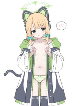 1girl animal_ear_headphones animal_ears bare_shoulders black_jacket black_tail black_thighhighs blonde_hair blue_archive blush bow bow_panties buttons cat_ear_headphones cat_ears cat_tail closed_mouth collarbone double_v fake_animal_ears fake_tail flat_chest green_bow green_eyes green_halo green_jacket green_panties hair_bow halo head_tilt headphones hood hood_down hooded_jacket jacket loli long_sleeves looking_at_viewer low-tied_sidelocks midori_(blue_archive) multicolored_jacket navel no_bra no_pants open_clothes open_jacket panties parted_bangs short_hair sidelocks simple_background solo speech_bubble spoken_blush standing striped_clothes striped_panties suiran_(suiran0111) sweat tail thighhighs unbuttoned underwear v white_background white_jacket wide_sleeves