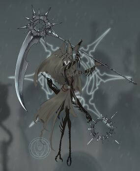 Rule 34 | 1girl, absurdres, arthropod girl, bandaged arm, bandaged hand, bandages, black eyes, black skin, colored skin, crest (hollow knight), demgozellegs, dual wielding, extra arms, facing viewer, full body, grey cloak, head ornament, highres, holding, holding behind back, holding scythe, holding weapon, holding weapon behind back, hollow eyes, hollow knight, hollow knight: silksong, horned mask, hornet (hollow knight), horns, looking at viewer, mask, rosary, scythe, solo, weapon, white mask