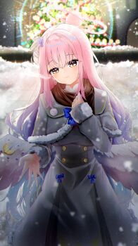 Rule 34 | 1girl, absurdres, angel wings, aqua hair, blue archive, blue bow, blush, bow, buttons, capelet, closed mouth, commentary request, crescent, double-breasted, feathered wings, fur-trimmed capelet, fur-trimmed jacket, fur trim, gold trim, gradient hair, grey jacket, hair bun, halo, highres, jacket, kyuro, long hair, long sleeves, looking at viewer, low wings, mika (blue archive), multicolored hair, pink hair, pink halo, scarf, single hair bun, single side bun, snow, snowing, solo, very long hair, white wings, wing ornament, wings